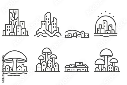 Fungal Cityscape Icons. Line style icons of fungal city skylines: mycelium block tower, organic skyline layer, spore dome arc,