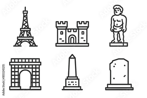 Miniature Monuments Icons. Line style icons of tiny giant structures: miniature tower node, scaled-down fortress, micro pyramid,
