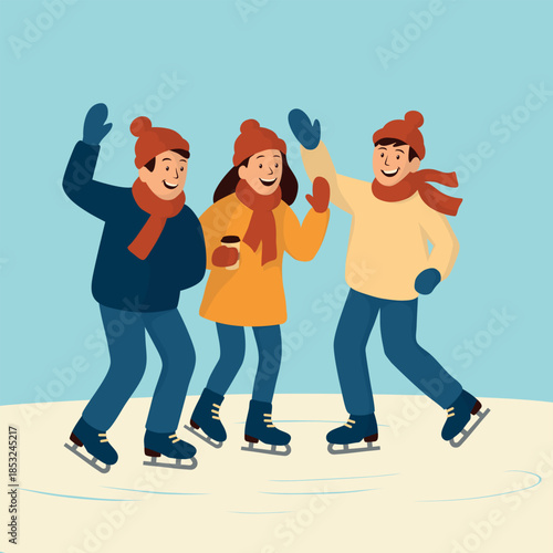 Three friends are skating and having fun at the rink. Flat vector illustration. Suitable for posters, skating rink advertisements, winter events, and postcards.
