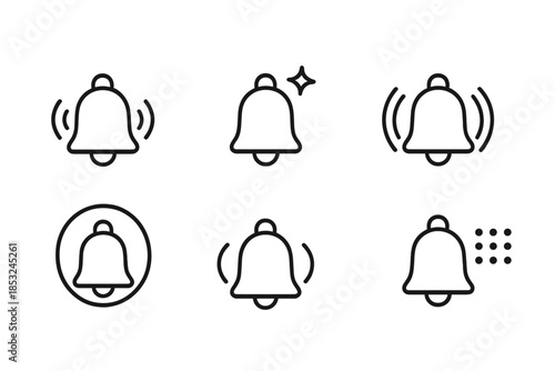 Soft Chime Icons. Line style icons of a soft announcement chime: subtle sound ring, light tone symbol, gentle resonance icon, airy