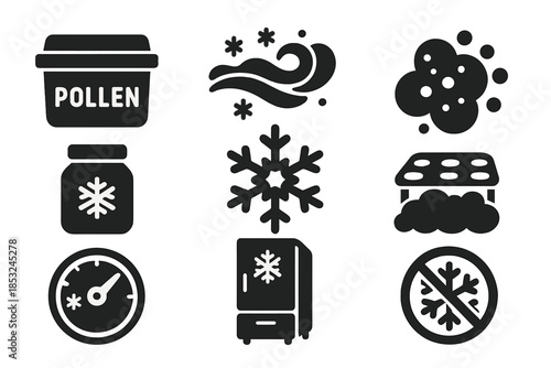 Frozen Pollen Storage Icons. Solid style icons of frozen pollen storage: labeled container, frost wave, pollen cluster, sealed jar