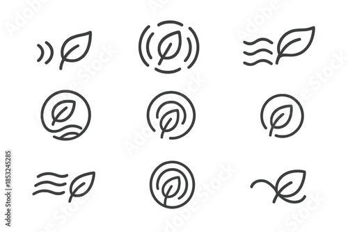 Leaf-Rustle Icon Set. Line style icons of leaf-rustle alerts: flutter sound icon, trembling leaf ring, nature pulse signal, gentle