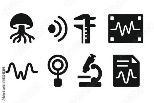 Fungal Motion Research Icons. Solid style icons of fungal motion research: fungal hyphae, vibration indicator, measuring tool,