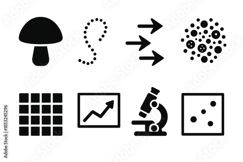 Fungal Analysis Icons. Solid style icons of flocking pattern fungus analysis: fungal cap, dotted swarm path, movement arrows,