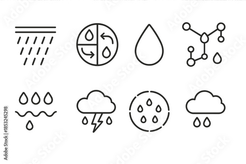 Rainwater Icon Line Art. Line style icons of rain-water character systems: rainfall glyph plate, hydrological symbol grid, droplet