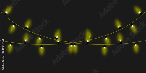 Bright yellow decorative string lights illuminating a dark, mysterious background.