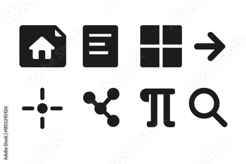 Architectural Syntax Icons. Solid style icons of architectural syntax: blueprint icon, sentence outline, grid lines, directional