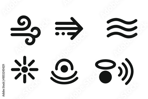 Airflow Signal Icons. Solid style icons of soft air current signals: swirl icon, directional arrow, pulse dot, flow line, energy