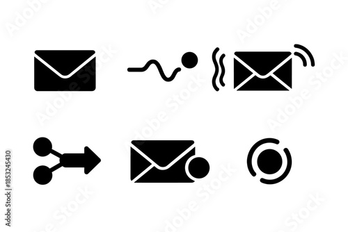 Quiet Message Icon Set. Solid style icons of a quiet message indicator: envelope icon, pulse dot, flow line, subtle waves, energy