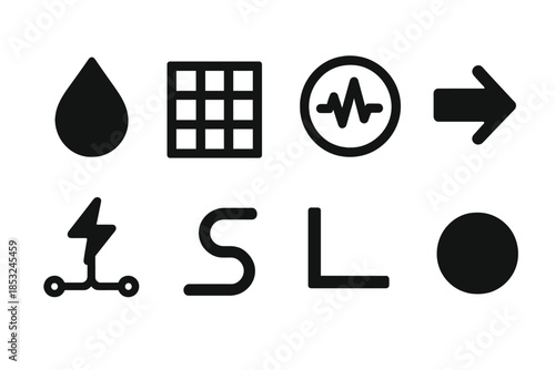 Solid Drop Icons. Solid style icons of classical drop notation: droplet symbol, blueprint grid, pulse circle, directional arrow,