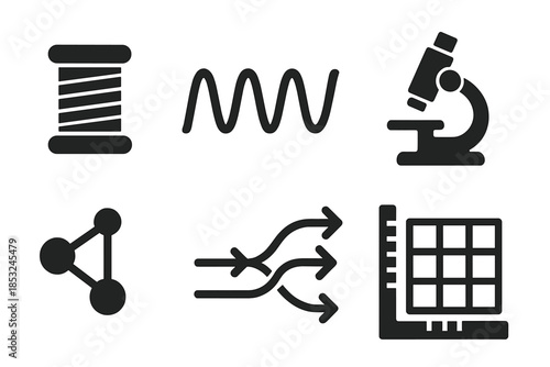 Filament Study Icons. Solid style icons of filament vibration study: thread fiber, oscillation line, pulse dot, microscope base,