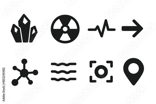 Mineral Radiation Icons. Solid style icons of mineral formation radiation tracking: crystal cluster, radiation symbol, pulse line,