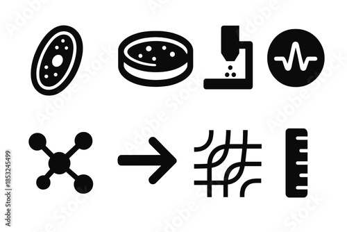 Bio-Silica Microscopy Icons. Solid style icons of bio-silica microscopy: silica cell, petri dish, scanning beam, pulse circle,