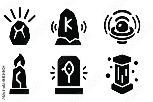 Prophetic Stone Icon. Solid style icons of a prophetic stone soaking up wisdom: radiant rock beacon, rune-marked prophecy stone,