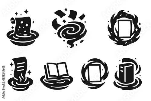 Glowing Text Icons. Solid style icons of textual energy pools: glowing scroll basin, ink flow whirl, radiant page current,