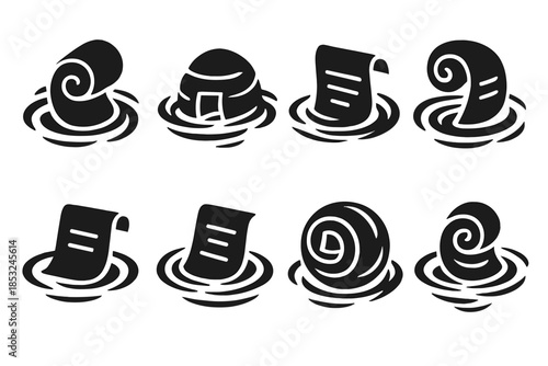 Parchment Whirlpool Nest. Solid style icons of a parchment habitat in a whirlpool: spinning scroll nest, paper whirl dome,