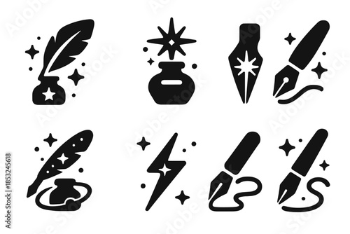 Cosmic Scribe Instruments. Solid style icons of cosmic scribe instruments: star-charged quill, radiant ink vessel, pulsing photon