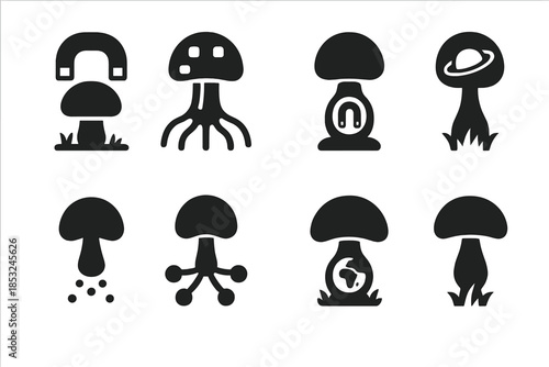 Magnetic Fungus Icons. Solid style icons of an earth-magnet fungus structure: grounded magnetic cap, terrestrial fungus node,