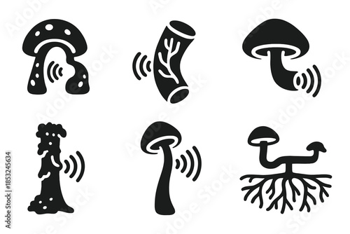 Fungal Sound Icons. Solid style icons of fungal sound conduits: spore tone tunnel, mycelium resonance tube, glowing sound pipe,