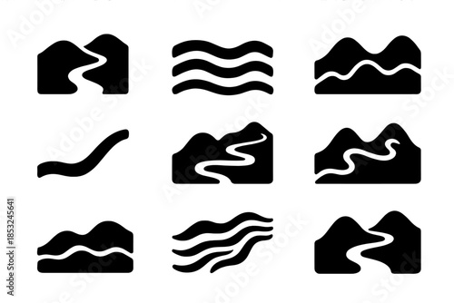 Flowing Hill Icons. Solid style icons of a rippling journey over hills: wave-form hill path, flowing terrain line, undulating