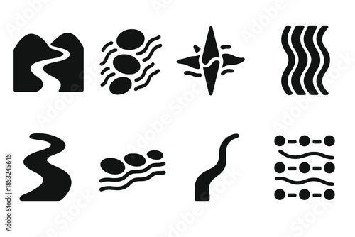 Natural Flow Icons. Solid style icons of natural flow navigation: water-guided terrain path, current rhythm stones, organic flow