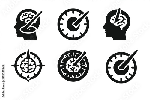 Mind-Powered Sundial Icons. Solid style icons of a sundial activated by thought and tremor: mindlight dial plate,