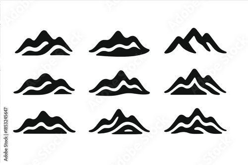 Rhythmic Mountain Icons. Solid style icons of rhythmic mountain design: wavelike ridge curve, oscillating path flow, soft terrain