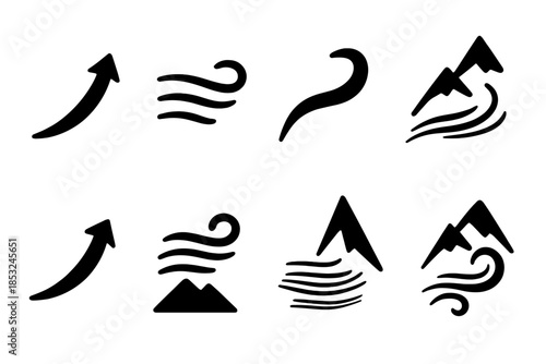 Atmospheric Ascent Icons. Solid style icons of atmospheric ascent paths: airy climb line, curved gust pattern, upward flowing