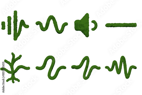 Mossy Sound Line Icons. Solid style icons of a moss-covered voice line: green sound thread, lichen-wrapped resonance line, organic