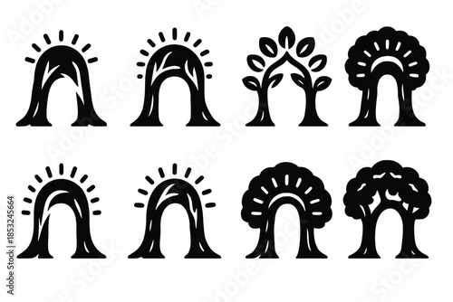 Luminous Tree Archway. Solid style icons of a luminous tree archway: glowing trunk arch, radiant branch loop, light-threaded leaf