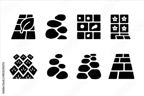 Nature-Inspired Pathways. Solid style icons of a natural tiled path forward: leaf-tile walkway, organic stepping field, moss-tiled