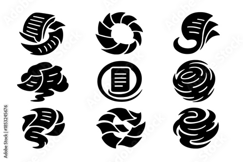 Dynamic Text Vortices. Solid style icons of living text vortices: swirling manuscript flow, paper motion circuit, ink life spiral,