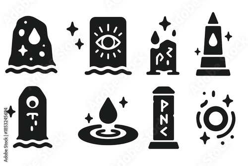 Prophetic Monument Icons. Solid style icons of a monument that predicts through osmosis: porous prophecy monument, glowing