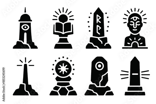 Divine Foresight Icons. Solid style icons of divine foresight monuments: luminous oracle tower, glowing wisdom focus, sacred rune