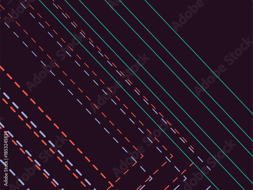 Abstract Neon Diagonal Lines Pattern With Dashed Segments On Deep Purple Background