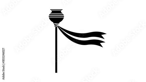 A black illustration of a flagpole with ribbons waving in the wind outdoors.