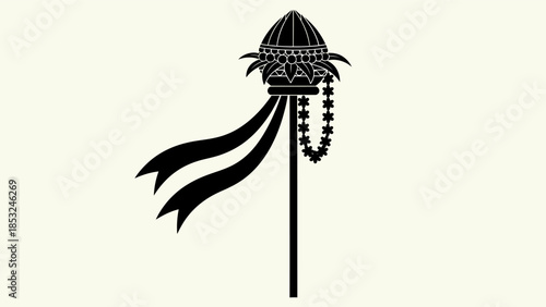 An illustration depicts a traditional ceremonial object on display outdoors with decorative elements.