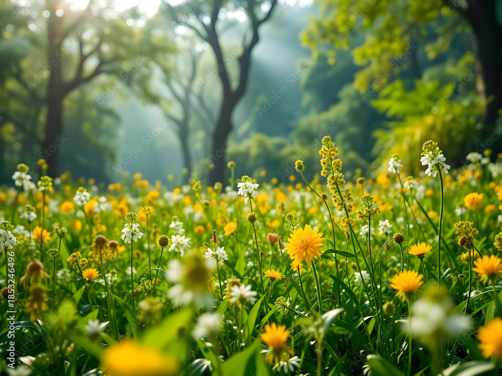 Obraz premium A field of yellow and white flowers with a bright sun shining through the trees
