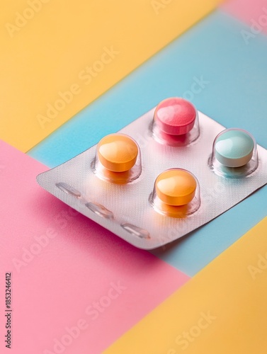 A colorful display of capsules on a pill packaging background with vibrant pink and yellow stripes.
