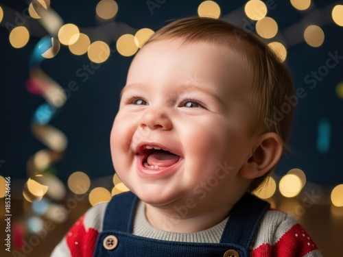 Joyful baby with bright eyes and a wide smile, celebrating a special occasion with bokeh lights