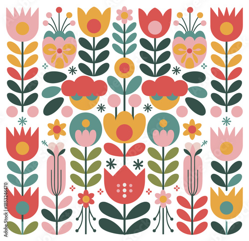 A vibrant and colorful collection of stylized folk flowers and botanical elements arranged in a square pattern