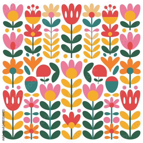 A vibrant and colorful collection of stylized folk flowers and botanical elements arranged in a square pattern