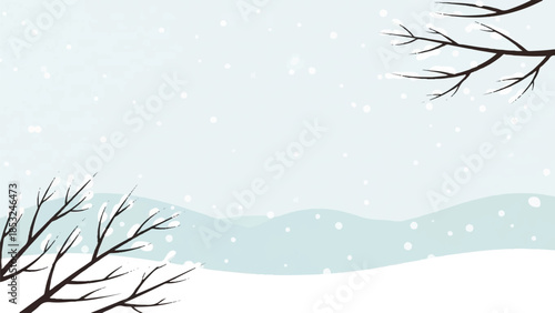 A serene winter landscape with snow-covered trees and rolling hills viewed from a distant perspective