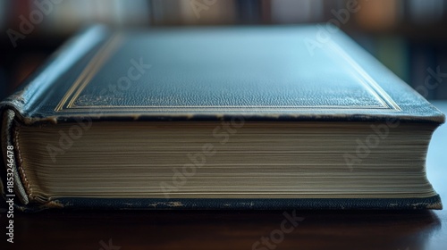 An antique leather book with gold-edged pages sits open, revealing a single page of text. The book's cover features intricate tooling detailing its design.