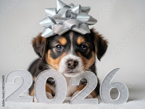 Adorable puppy with a festive bow and the year 2026 numbers celebrates the upcoming new year
