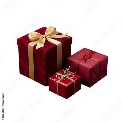 Three Red Velvet Gift Boxes with Gold Ribbons Transparent Background PNG