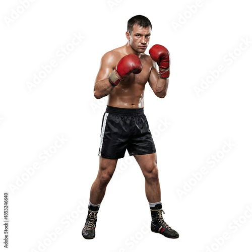 Boxer in Ready Stance with Red Gloves Transparent Background PNG