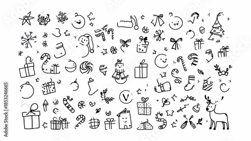 Cute holiday inspired hand-drawn doodle animation featuring winter symbols and decorations, alpha channel on transparent background.