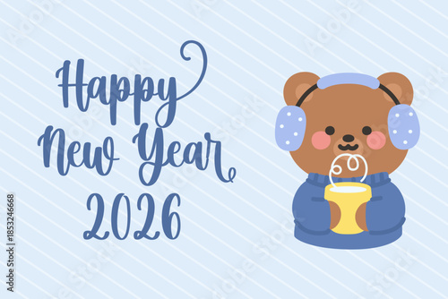 Cute Bear Holding Hot Milk Happy New Year 2026 Illustration