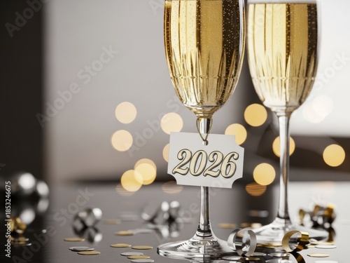 Two champagne glasses with a tag showing the year 2026, ready for celebration